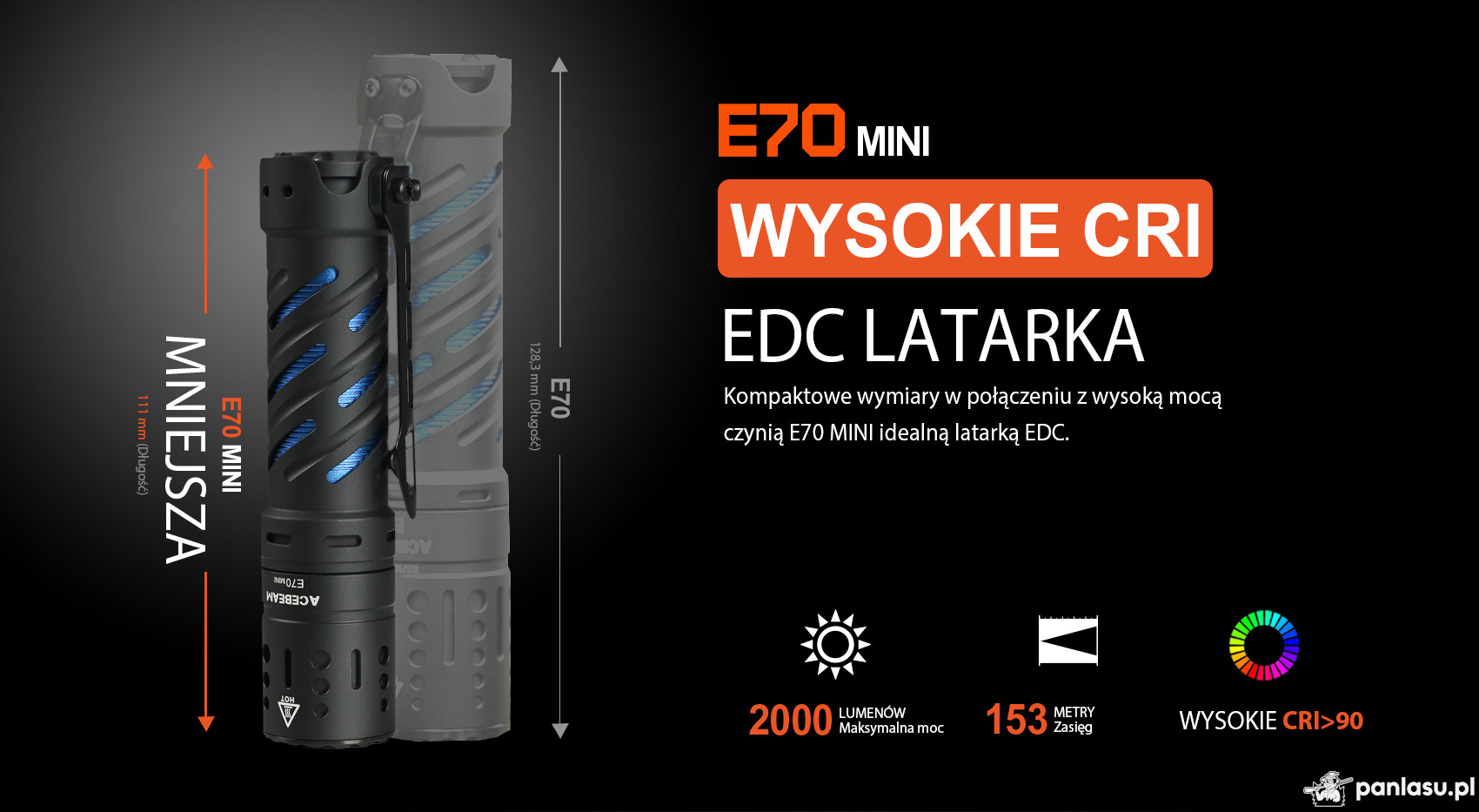 AceBeam E70 Mini AL, 2000 lm, CRI90 - Kieszonkowa latarka LED, czarna