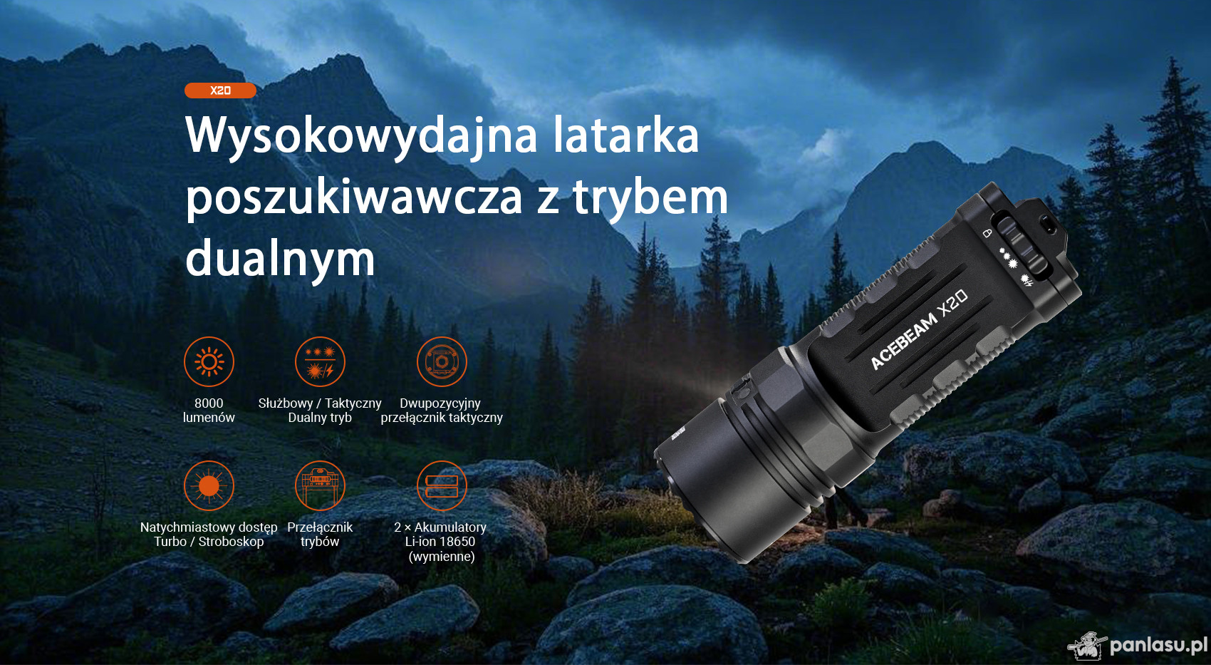AceBeam X20, 8000 lm, black - Latarka taktyczna LED, czarna